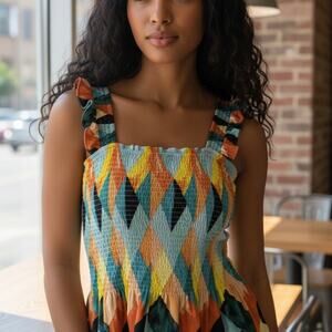 Torrid Square Neck Ruffled Smocked Peplum Green Tank Top Geometric Hipister 1X